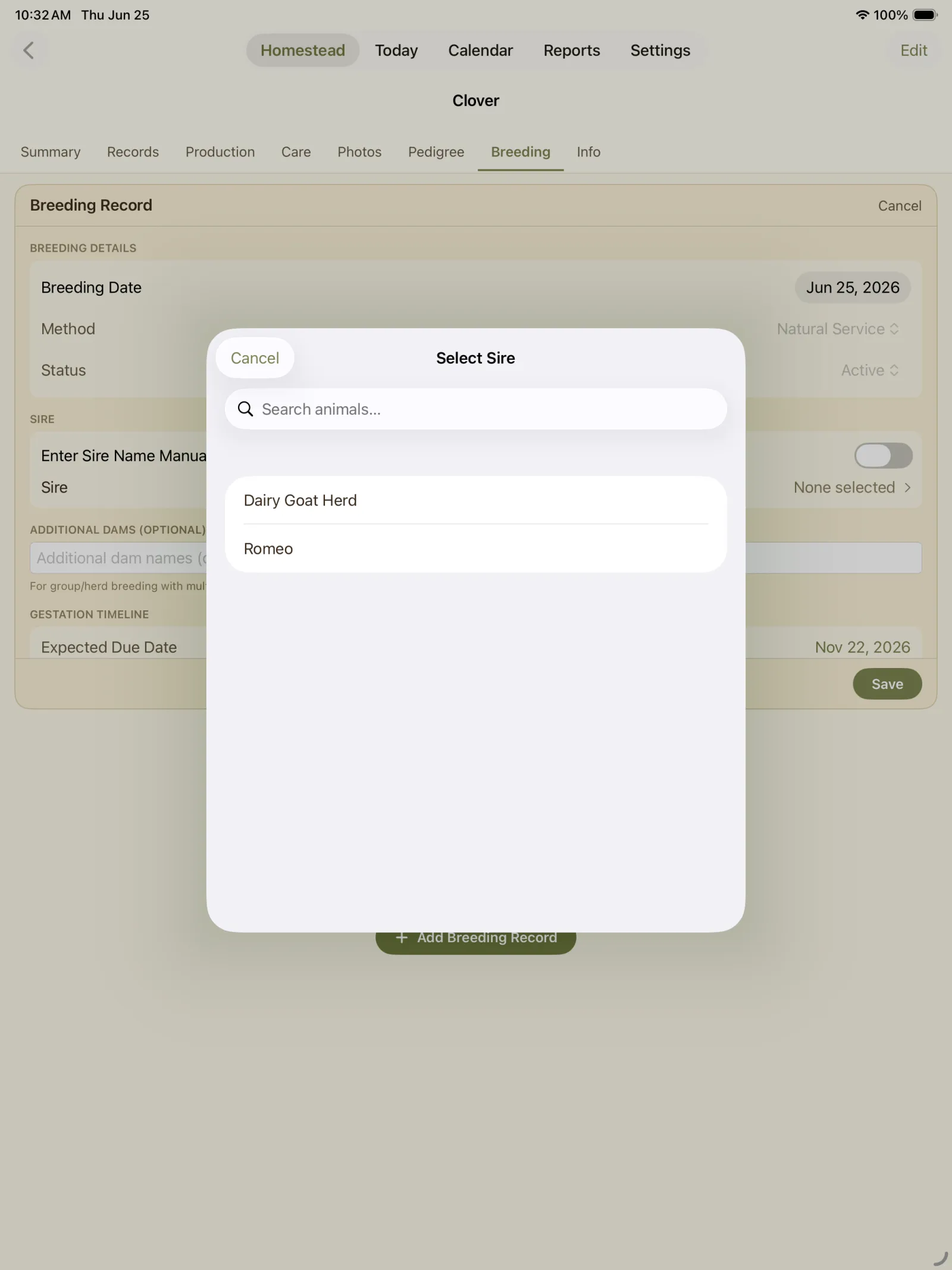 Breeding record sheet with options for breeding type.